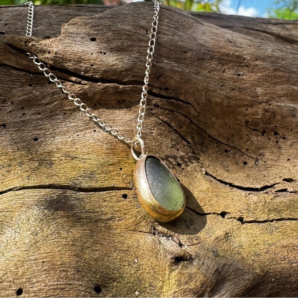 14k Gold sea foam sea glass Pendant on 925 sterling silver chain mixed Necklace - Picture 2 of 5